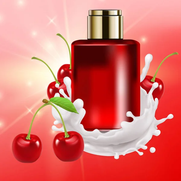 Red shampoo packaging design. Vector illustration. Cherries — Stock Photo, Image