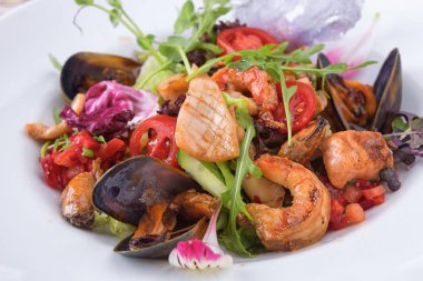 Beyaz tabakta deniz ürünleri salatası.