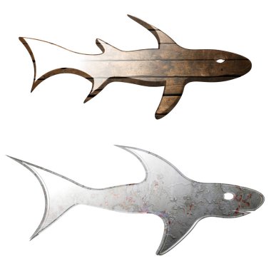 Tahta ve metalden yapılmış bir balık figürü.