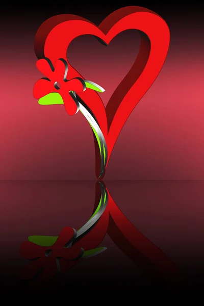 O Valentine. Coração com reflexão sobre um fundo escuro, vermelho com — Fotografia de Stock