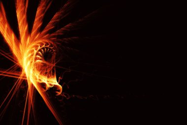 Siyah arka planda yanan hatları olan bir canavarın kafasının soyut görüntüsü.