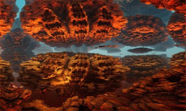 Başka bir gezegenin fantastik, gerçeküstü manzarası. Kayalar, tünel. 3 Boyutlu Hazırlama