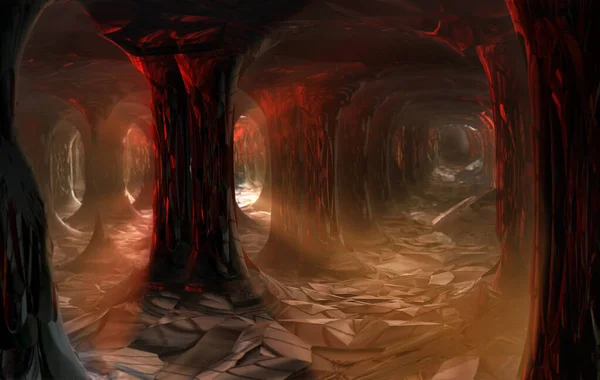 Sütunları ve ışık huzmeleri olan karanlık bir mağara. 3d illüstrasyon