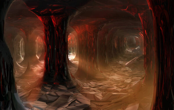 Dark cave with columns and beams of light. 3d illustration