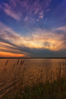 Gölde güzel bir gün doğumu, ön planda sazlıklar