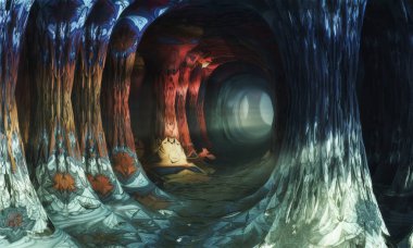 Fantastik orman, sütunlu tünel, sonunda ışık. 3d illüstrasyon