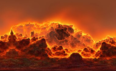 3D illüstrasyon, yanan dağ yamaçları şeklinde duvar kağıdı, yanan lavlı bir volkanın yamaçları.