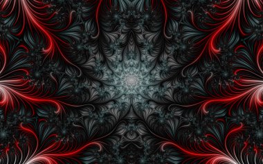 3 boyutlu fraktal görüntü, gri-kırmızı, kenarlarında çiçekler ve kırmızı yapraklar var.