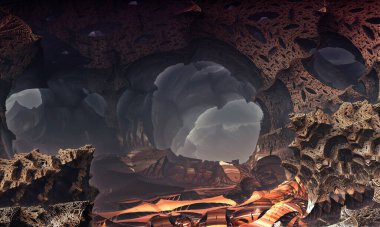 Fantastik manzara, sisli mağaraya girişin 3 boyutlu görüntüsü, kayanın diğer tarafına geçiş.