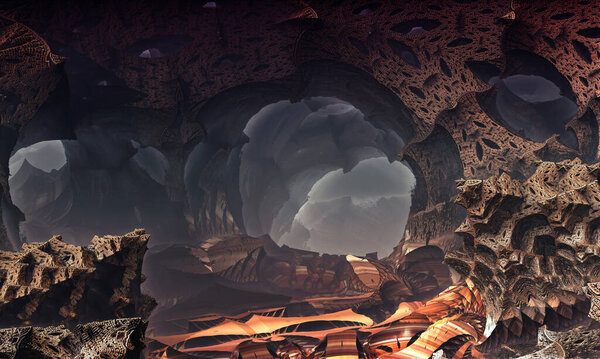 Пейзаж, трехмерное изображение входа в пещеру в тумане, прохода в скале на другую сторону
