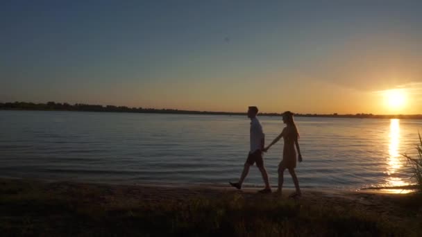 Silueta de una pareja enamorada sobre un fondo tropical al atardecer . — Vídeos de Stock