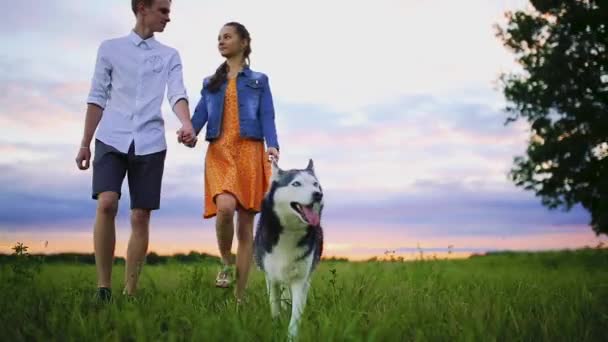 Αγάπη ζευγάρι παίζει με τον σκύλο στην παραλία. Ιδέα για τον έρωτα, ζώο και τον τρόπο ζωής — Αρχείο Βίντεο