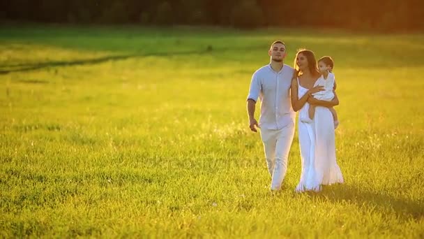 Glückliche sieben Spaziergänge bei Sonnenuntergang im Park. weiße Kleidung, Sonne, Sommer. — Stockvideo