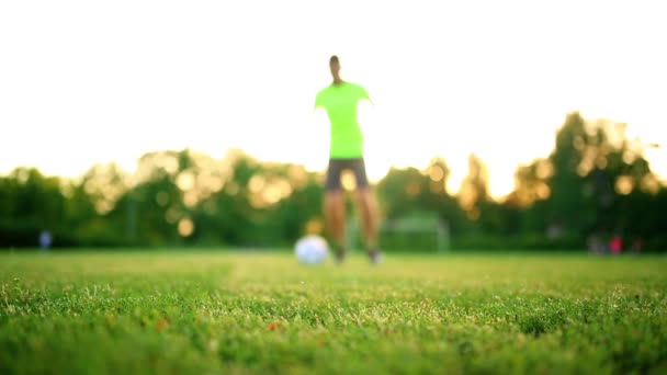 다리와 검은 신발 실행 하 고 검은 배경에 고립 된 녹색 잔디 피치에 공을 드리블 하는 행동에 축구 선수의 발을 닫습니다 — 비디오