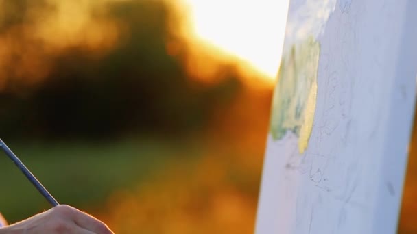 Nära håll syn på kvinnlig konstnär målning bild utomhus — Stockvideo