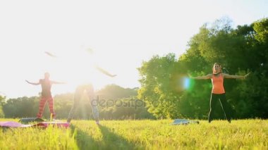 Güzel sportswomen parkta dumbbells ile egzersiz yaparak