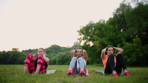 Fühlen Sie Ihre Bauch Mädchen. Gruppe junger Sportler in Sportbekleidung, die auf grünem Gras im Sommerpark im Freien körperliche Übungen machen, Seitenansicht — Stockvideo