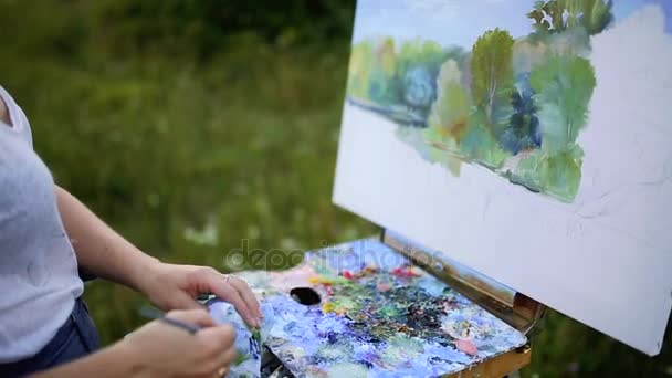 Charming woman sitting on plaid at the park in sunny summer day and finishing draw picture by watercolor paints a beautiful landscape — Stock Video