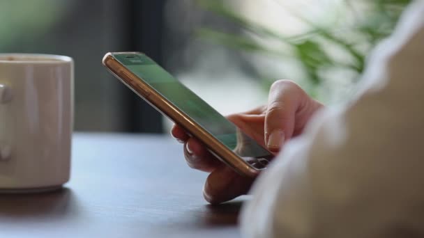 Close Up of Womans Hands Using Mobile Phone at Coffee Break — Stock Video