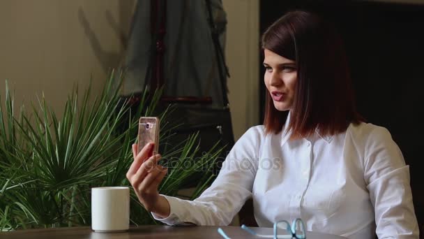 Mooi meisje praten met zakenpartners met behulp van een mobiele telefooncamera. — Stockvideo