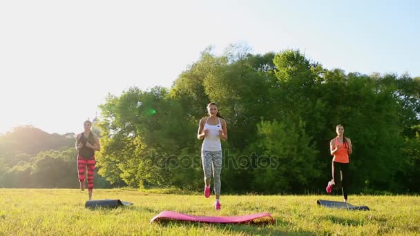 Grupo de jóvenes que tienen entrenamiento de kick boxing, al aire libre — Vídeos de Stock