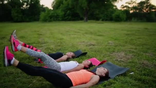 Fühlen Sie Ihre Bauch Mädchen. Gruppe junger Sportler in Sportbekleidung, die auf grünem Gras im Sommerpark im Freien körperliche Übungen machen, Seitenansicht — Stockvideo