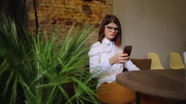 Charmig kvinna med vackert leende läsa goda nyheter på mobiltelefon under resten i kafé, glad kaukasisk kvinna titta på hennes foto på cellen telefon medan du kopplar av i café under fritid. — Stockvideo