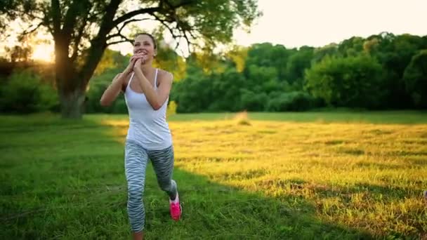 Grupo con entrenador de estiramiento de entrenamiento en una hierba verde en el parque — Vídeo de stock