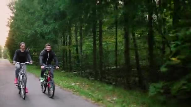 Jovem casal desfrutando de andar de bicicleta pelo parque no verão — Vídeo de Stock