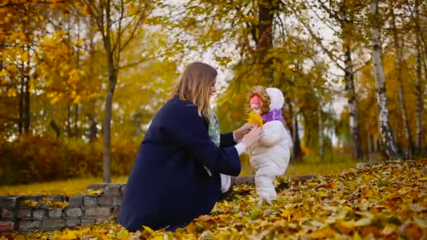 Восени, коли жовте листя навколо мами і дівчини грає з кленовим листям, сміється і посміхається. Мама обіймає і грає з моєю донькою восени. Боке і сонячне світло . — стокове відео