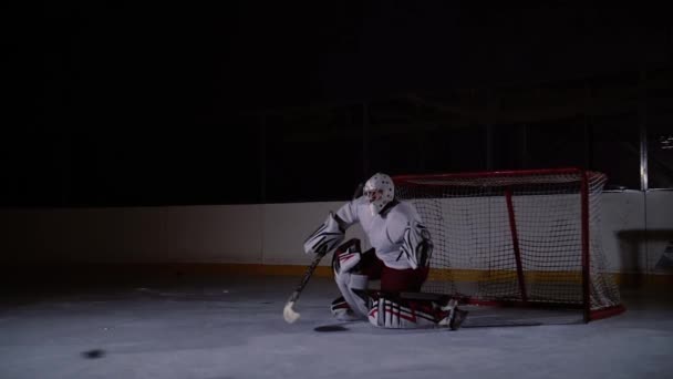 Professioneel hockeyspeler produceert een schot op doel in ijs arena. — Stockvideo