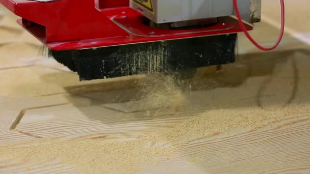 Close-up, fresadora se move automaticamente sobre a superfície da madeira e realiza de forma independente o fabrico de placas de parquet . — Vídeo de Stock