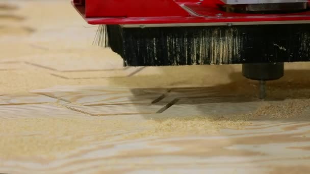 Close-up, fresadora se move automaticamente sobre a superfície da madeira e realiza de forma independente o fabrico de placas de parquet . — Vídeo de Stock