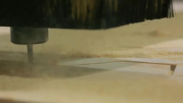 Close-up, fresadora se move automaticamente sobre a superfície da madeira e realiza de forma independente o fabrico de placas de parquet . — Vídeo de Stock