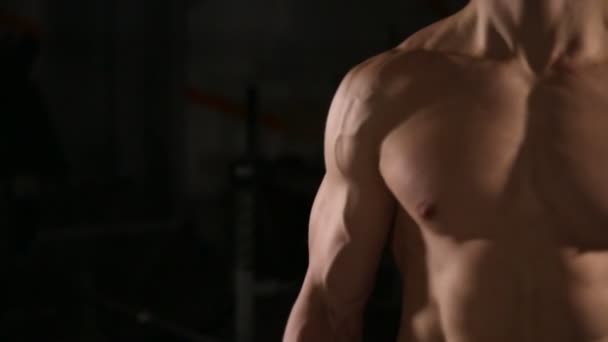 Beau homme avec de gros muscles, posant dans la salle de gym musclé homme soulevant des poids sur fond sombre musclé homme travaillant dans la salle de gym faire des exercices avec haltère au biceps mâle fort. gros plan — Video