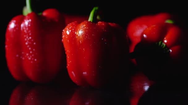 Ripe red peppers rotating on black background. Close-up, slow motion. A drop of water runs down the object. — Stock Video