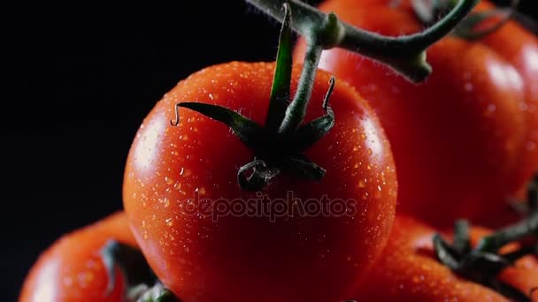 En hel del mogen färsk tomat liggande på en svart glas bord och roterar kring sin axel. Närbild färska grönsaker. — Stockvideo