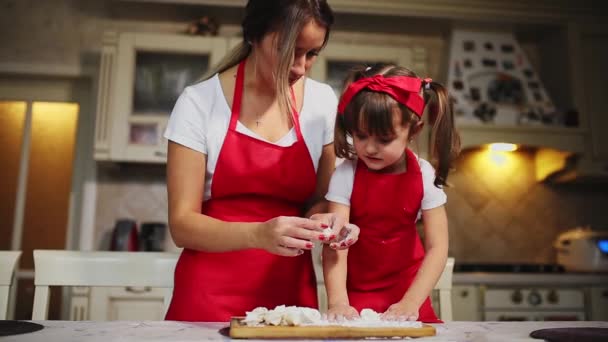 Glückliche Familie in der Küche Mutter und Tochter in der Küche spielen mit Mehl, um Spaß zu haben und die Pasteten in der Küche in den gleichen roten Schürzen formen. Stedicam — Stockvideo