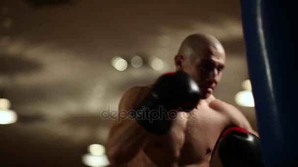 Boxer splní sérii úderů do boxerské hrušky. — Stock video