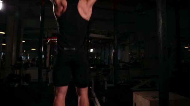 Achteraanzicht, de camera beweegt achter de sporter geschikt naar de bar voor het uitvoeren van pull-ups. — Stockvideo