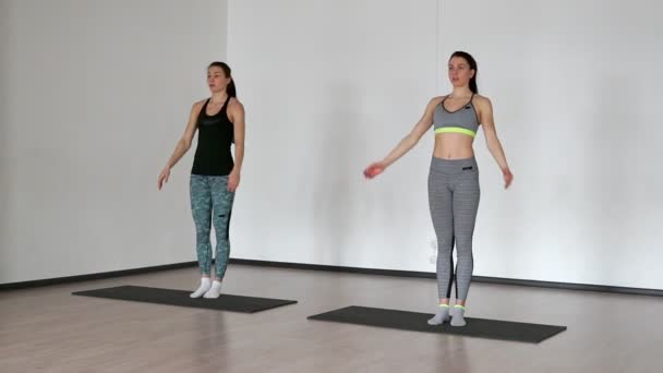 Två kvinnliga idrottare i en sport klänning utföra en step-up höjning av sina ben. Sträckning och paletes utförs av en professionell instruktör i en personlig lektion. — Stockvideo