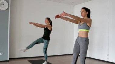 İki kadın sporcular spor elbise step-up bacaklarını yükseltme gerçekleştirin. Stretching ve paletes kişisel bir derste profesyonel bir eğitmen tarafından gerçekleştirilir.