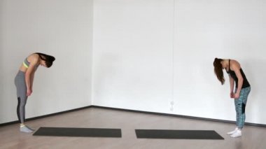 Spor giyim gri bir arka plan üzerinde'de iki güzel kız pilates içinde nişanlandık. Sorunsuz silah aşağı bend yapmak şınav.
