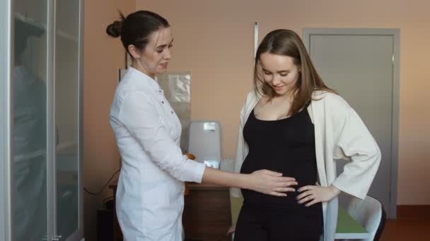 Eine Ärztin und eine junge schwangere Frau stehen im Büro und ein Arzt stellt Fragen zum Zustand und Verlauf der Schwangerschaft. sie berührt ihren Bauch mit der Hand und lächelt — Stockvideo