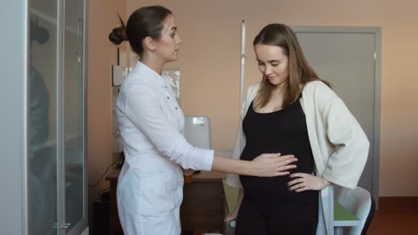 Een vrouwelijke arts en een jonge zwangere vrouw staan in het kantoor en een arts vragen gesteld over de toestand en het verloop van de zwangerschap. Ze raakt haar buik met haar hand en een glimlach — Stockvideo