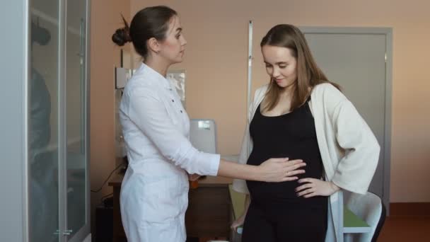 Eine Ärztin und eine junge schwangere Frau stehen im Büro und ein Arzt stellt Fragen zum Zustand und Verlauf der Schwangerschaft. sie berührt ihren Bauch mit der Hand und lächelt — Stockvideo