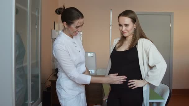 En kvinnlig läkare och en ung gravid kvinna stå på kontoret och en läkare ställer frågor om skick och kursen av graviditeten. Hon berör magen med sin hand och ler — Stockvideo