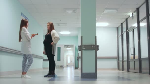 Dialog zwischen einer Schwangeren und einer Ärztin auf dem Flur des Krankenhauses. Vorbereitung auf die Geburt. Mutterschaftsberatung. — Stockvideo