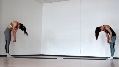 Spor giyim gri bir arka plan üzerinde'de iki güzel kız pilates içinde nişanlandık. Sorunsuz silah aşağı bend yapmak şınav.