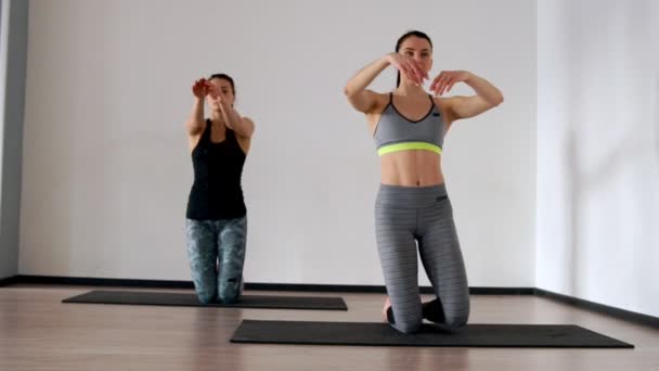 Deux belles jeunes filles athlétiques sur ses genoux élevés pieds et mains symétriques dans les exercices latéraux de Pilates . — Video